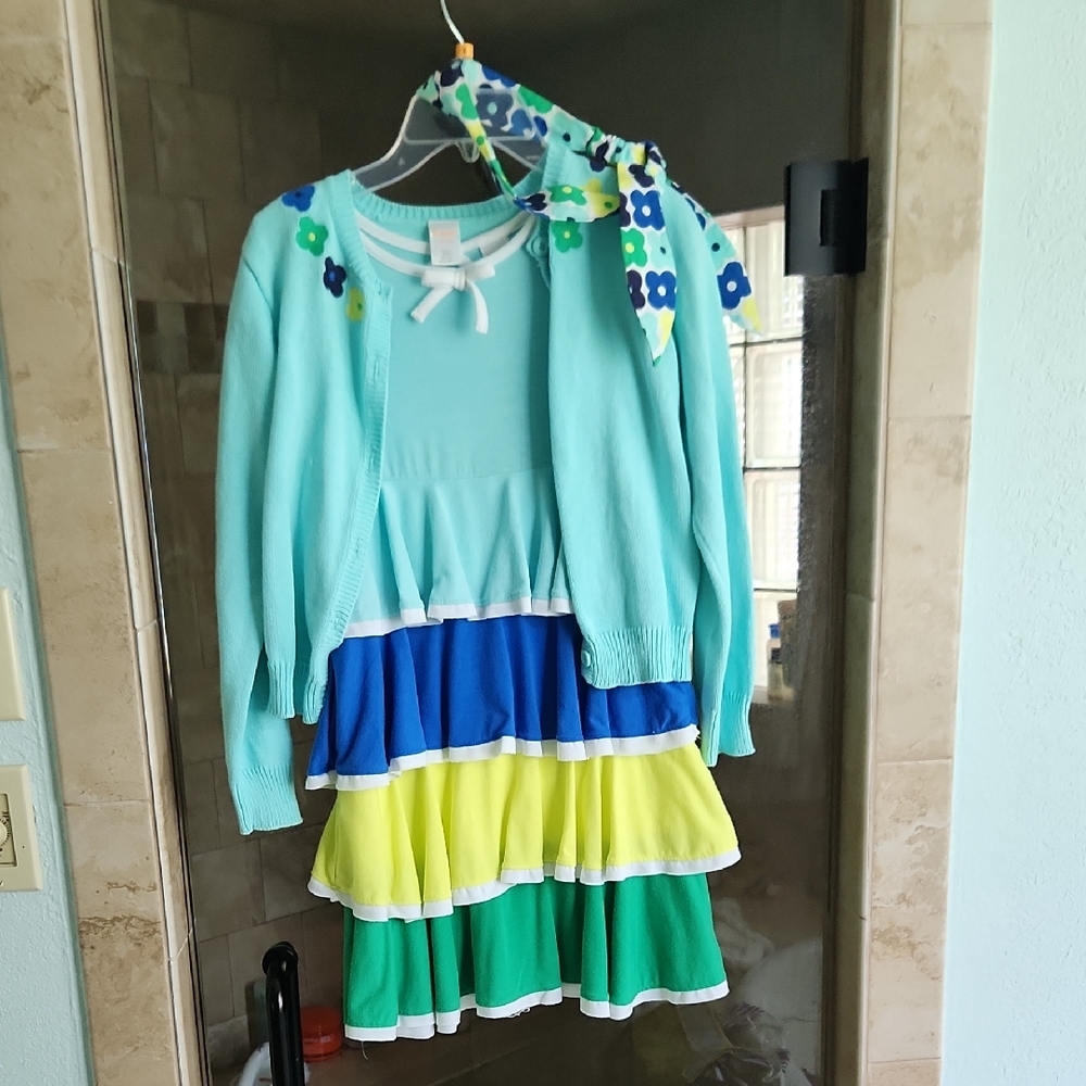 Gymboree Green and Blue Ruffled Tiered Dress with Matching Cardigan And Headband